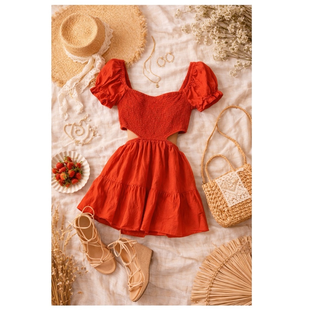 RETROD Burnt Orange Smocked Cutout Puff Sleeve Tiered Mini Dress Sz XS Boho Y2K - Picture 5 of 16